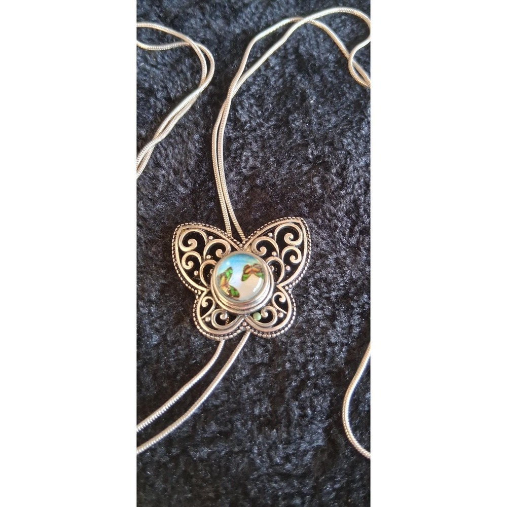 Bolo Tie silver-toned butterfly slide with an inlay centerpiece Western-style